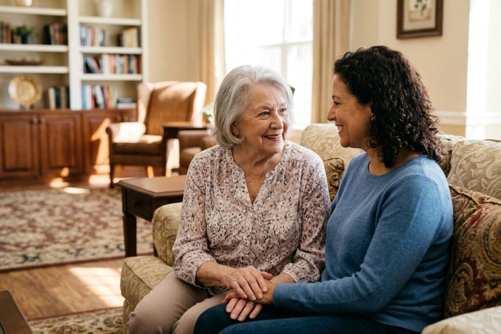 Two adults sitting together on a sofa in a living room, smiling at each other, talking about touring senior living communities