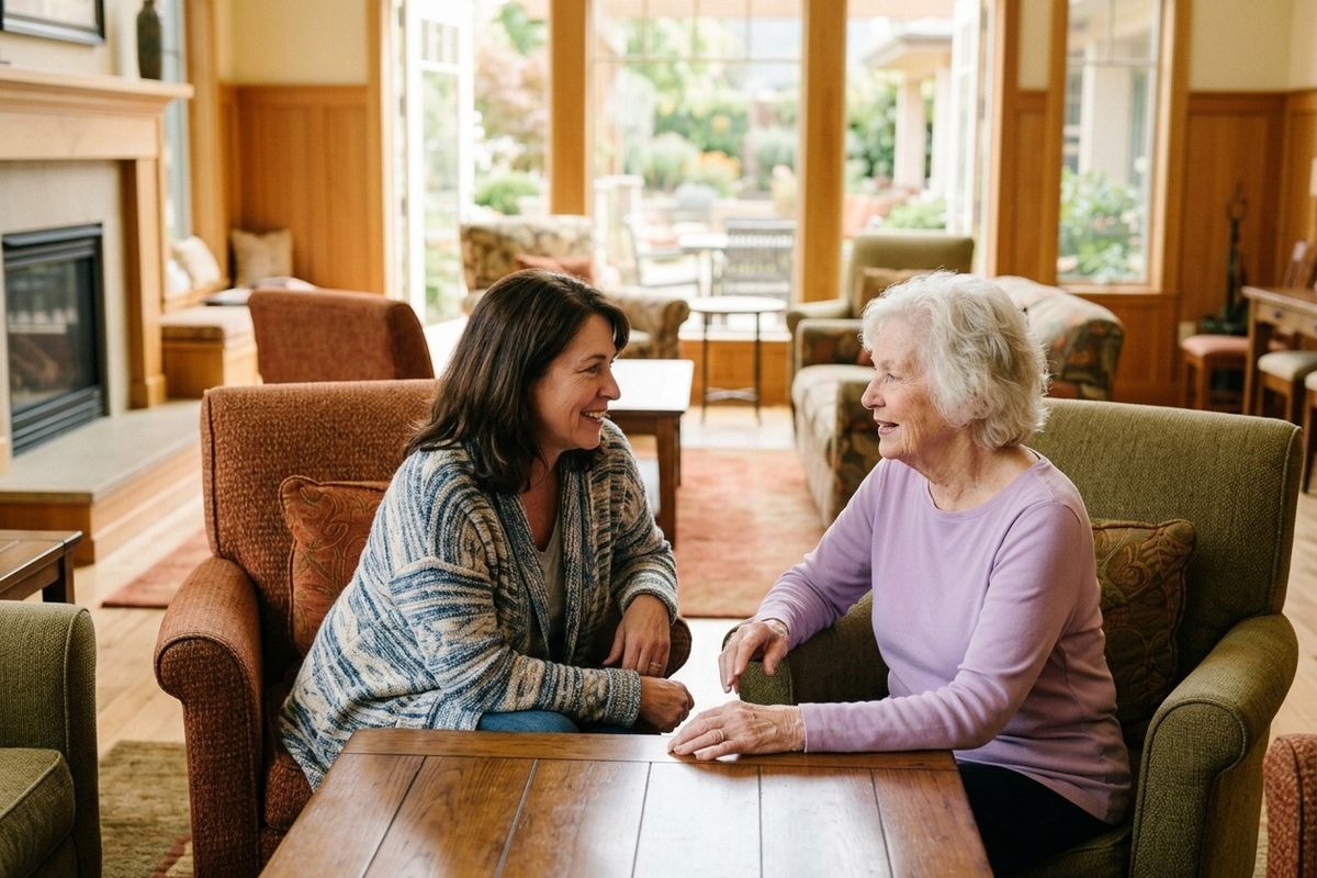 Two adults, one younger and one older, sit across a wooden table talking and smiling about senior living.