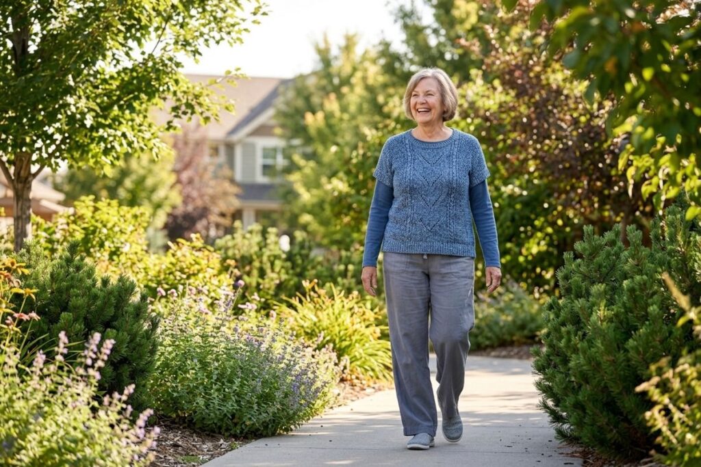 An older adult in a blue sweater smiles while walking along a beautiful nature path near their house in senior living