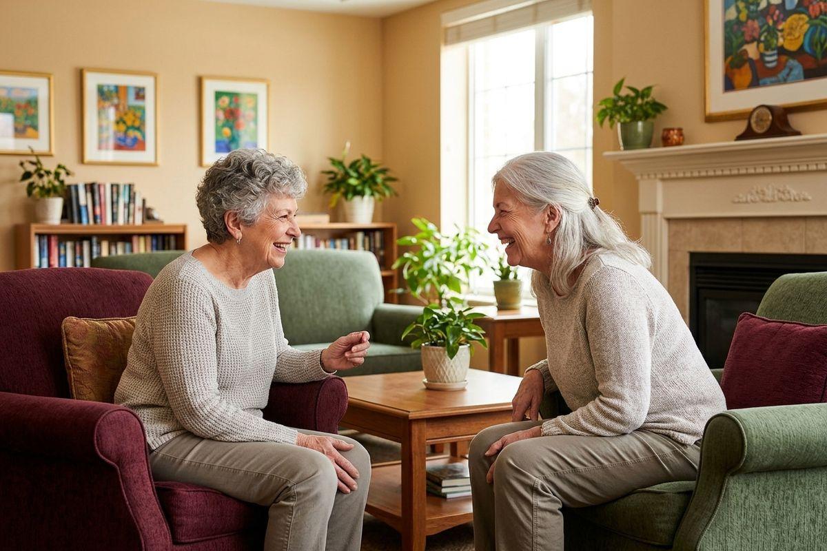 Two older adults sit facing each other in a bright room, talking and laughing.