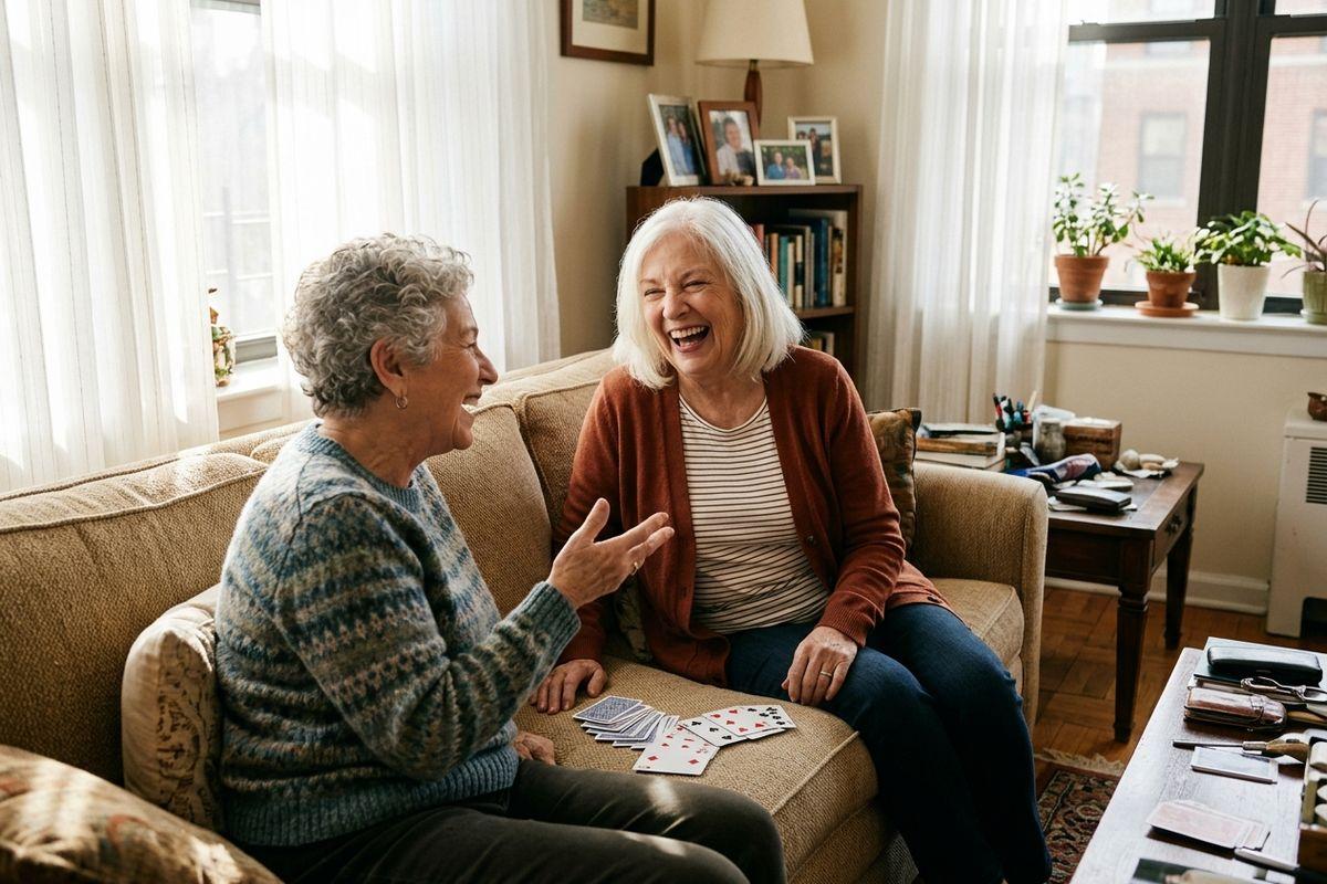 Two older adults sit laughing on a sofa in a sunlit living room, with playing cards.