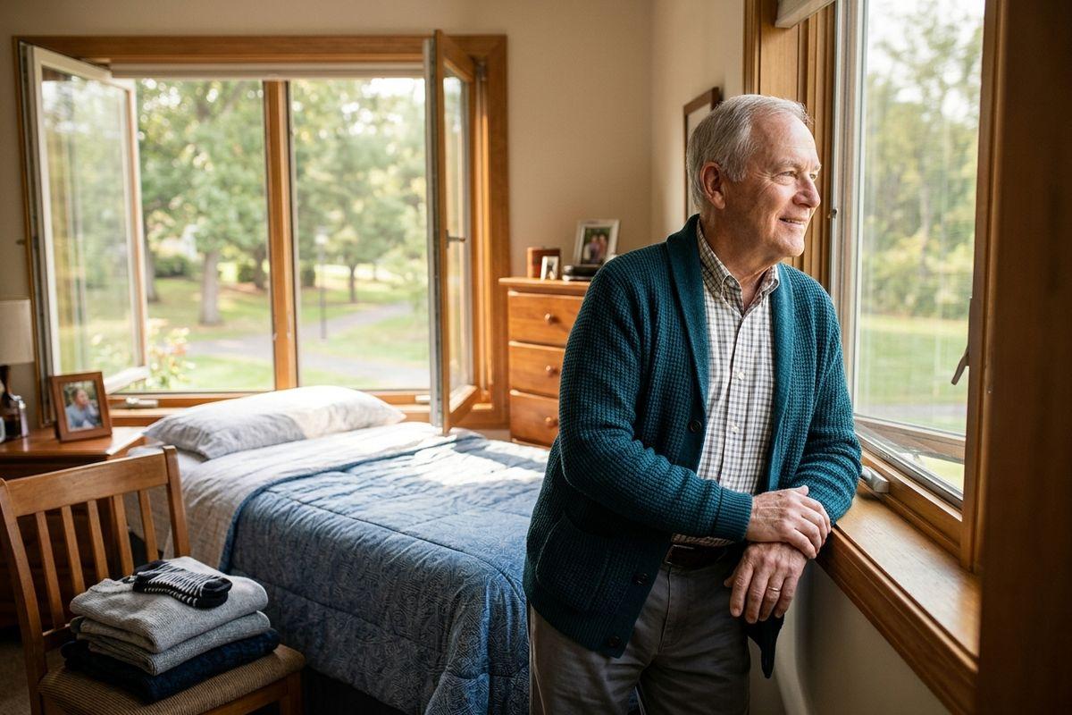 An older adult in a teal cardigan leans on a windowsill in a bedroom, smiling while looking outside.